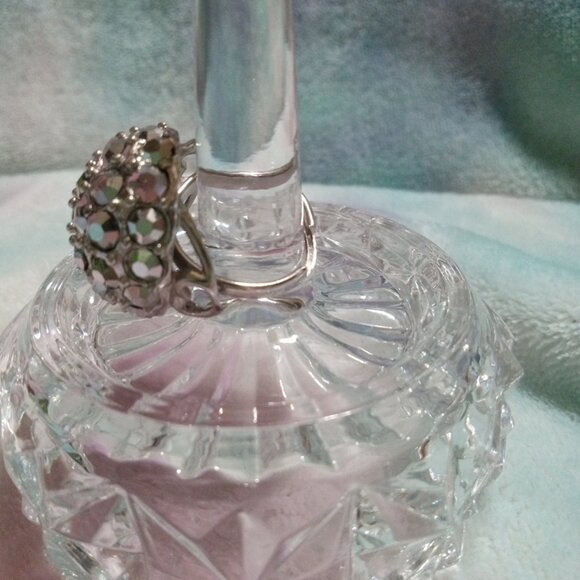 Vintage Sarah Coventry Cocktail Ring Marcasite Rhinestone Dome Silver Adjusts - Picture 2 of 9